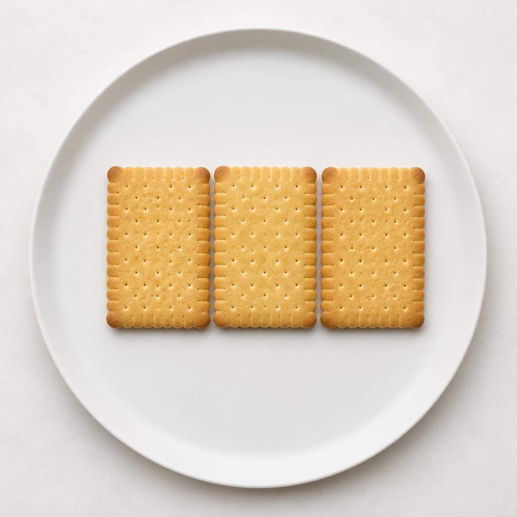 Trois biscuits secs de 25 g au total sur une petite assiette blanche