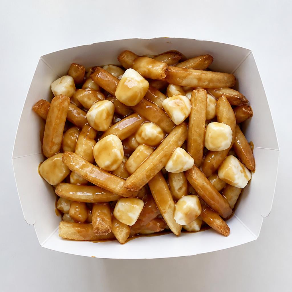 Portion régulière de poutine dans un contenant en carton blanc