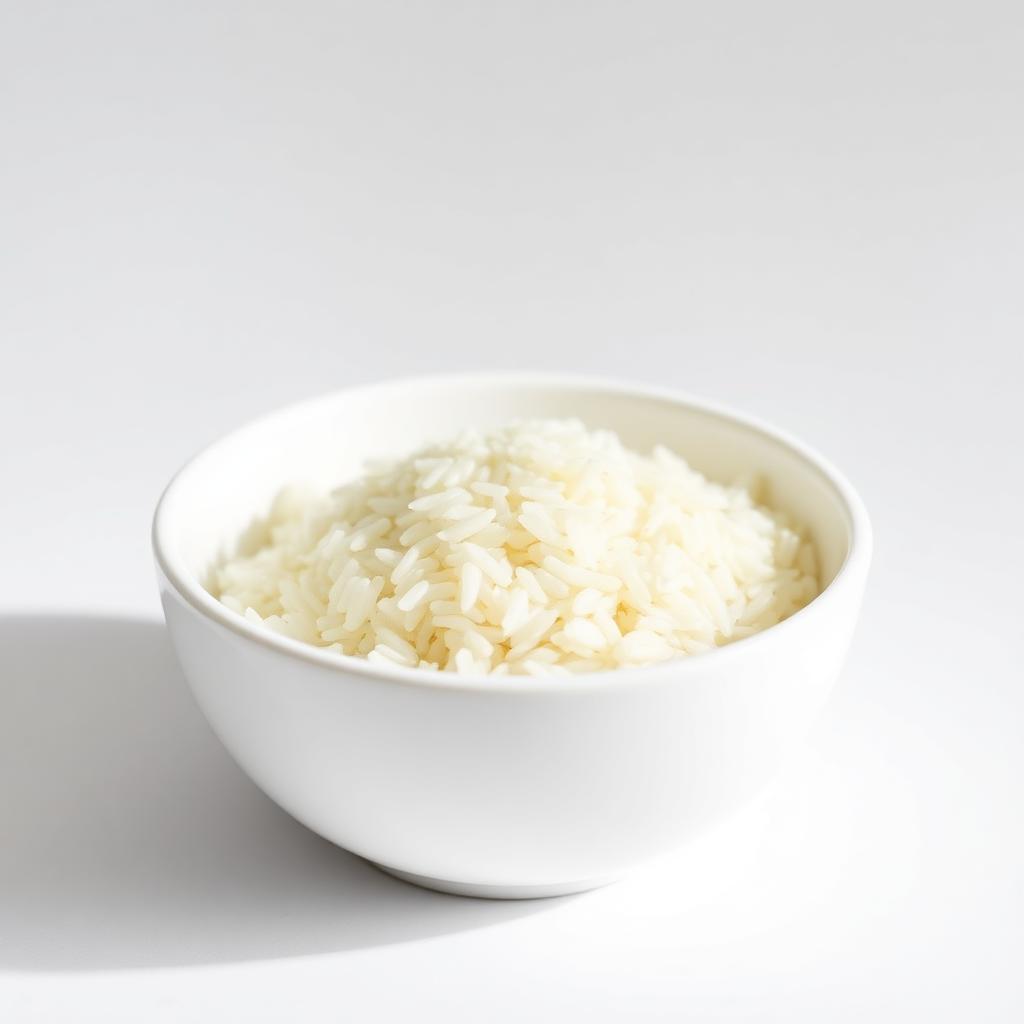 Portion de 150 g de riz blanc cuit dans un petit bol blanc
