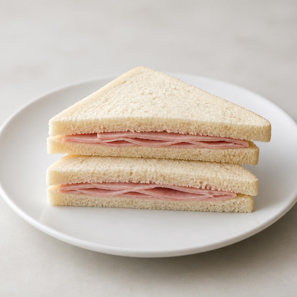Sandwich au jambon de 140 g coupé en deux sur une assiette blanche